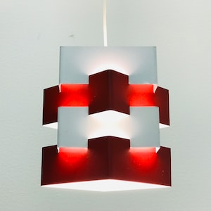 Mid century modern Kronoberg &quot;Nift&quot; red/white sheet metal pendant lamp for IKEA, Vintage Swedish space age designer ceiling light, 1960s