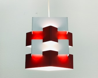 Mid century modern Kronoberg &quot;Nift&quot; red/white sheet metal pendant lamp for IKEA, Vintage Swedish space age designer ceiling light, 1960s