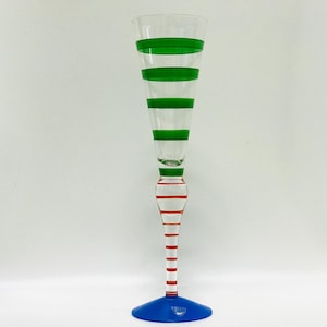 Orrefors post-modern hand painted champagne glass &quot;Clown&quot;, Anne Nilsson, Swedish designer glass, Art glass with red green ring band decor
