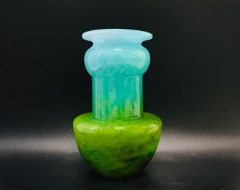 John Orwar Lake, Vintage Swedish hand blown blue green bubble glass vase, Ekenäs Glasbruk, Mid century modern Scandinavian art glass