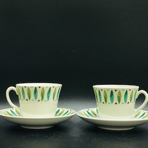 Gefle porcelain coffee cup/saucer &quot;Mona&quot; with colorful leaves decor, Berit Ternell, Mid century Swedish Upsala-Ekeby, Extremely rare vintage