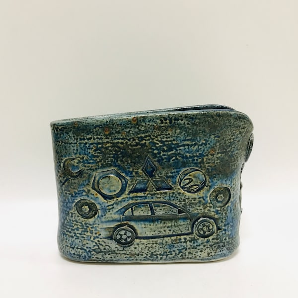 Vintage stoneware vase with car relief, Hand crafted vase, Denim blue glaze, Mitsubishi Lancer, Paula von Freymann, Swedish studio pottery