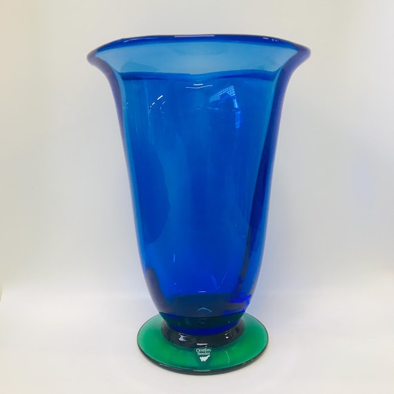 Orrefors Blue Glass Vase With Green Foot 