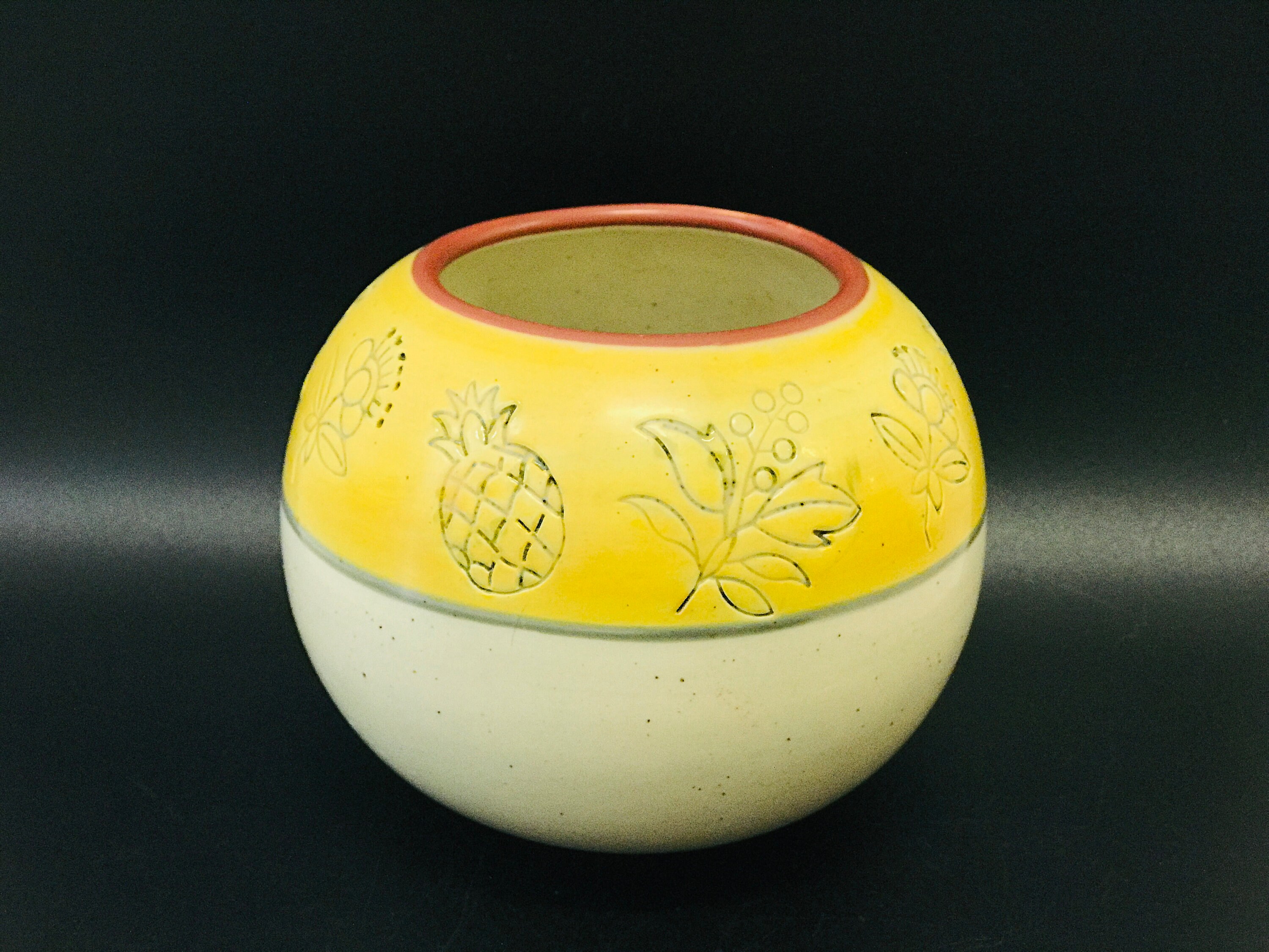 Vintage Wheel Thrown Round Ceramic Vase With Incised Pineapple, Leaf ...