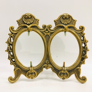 Rococo style double oval photo frame with ornate decor, Solid brass Art Nouveau frame with easel stand
