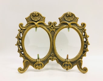 Rococo style double oval photo frame with ornate decor, Solid brass Art Nouveau frame with easel stand