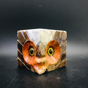 Hand carved alabaster owl figurine, Cubic eagle head, Vintage marble stone onyx paperweight, Stylized abstract bird sculpture