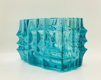 Vladislav Urban, Sklo Union turquoise blue vase with geometrical relief, Model 617, Rosice, Mid century modern Czechoslovakia pressed glass