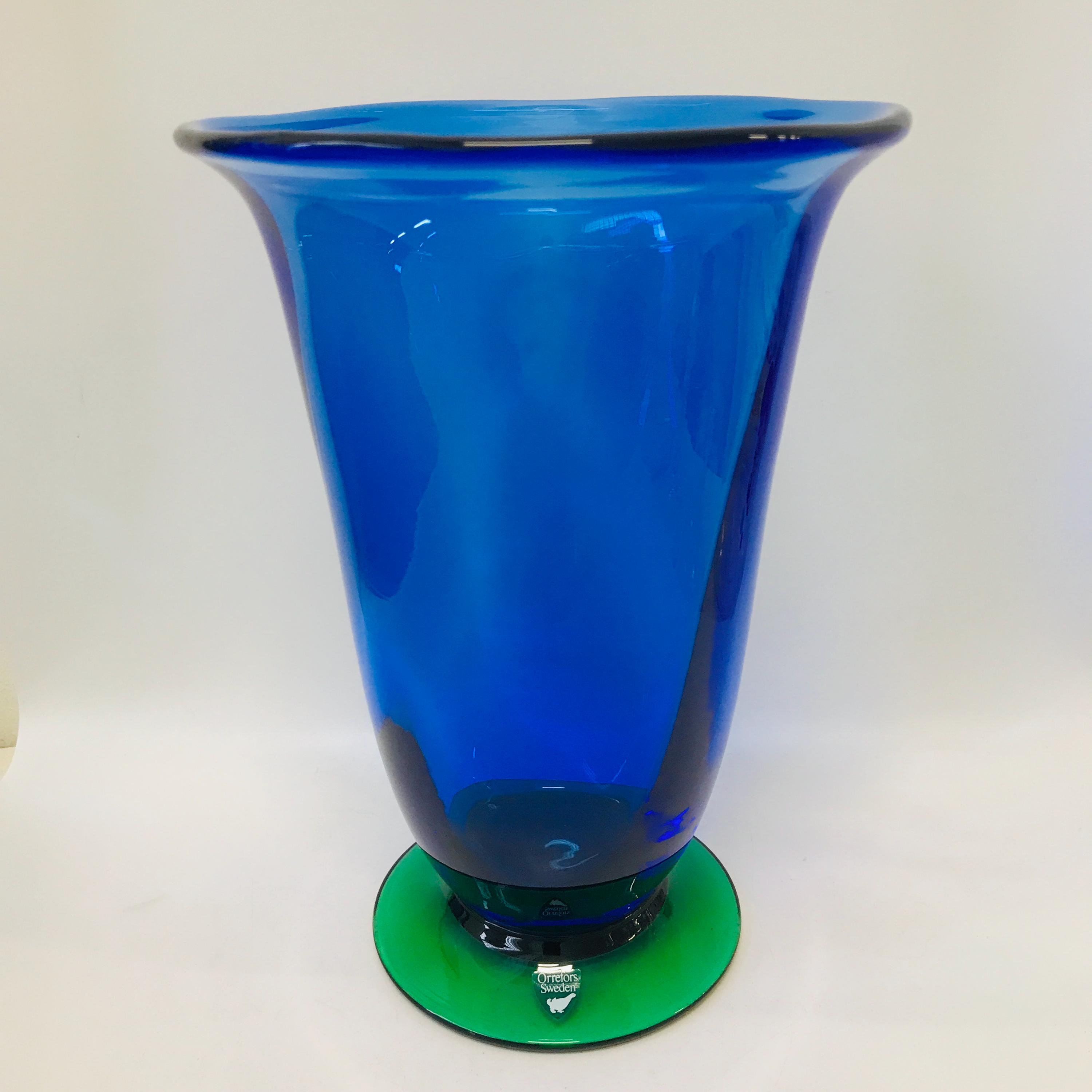 Orrefors Blue Glass Vase With Green Foot 