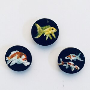 Set of 3 Koi Fish Magnets.  6/8&quot; diameter circle each.  Hand painted on bronze.