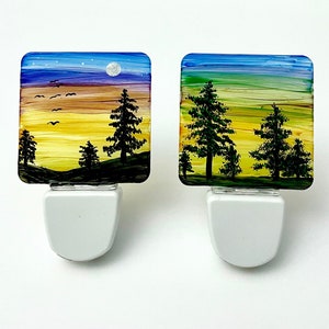 Trees Sunset Nightlight set - Set of two 2.7" X 2.7" hand painted.