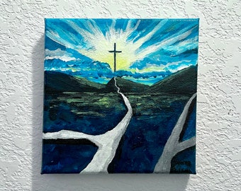 s*o様 むらまつちひろ「my april」F6木製パネル/アートクロス　ミクス Cross Sunset Painting. 6” X 6” Acrylic Paintings. - Etsy