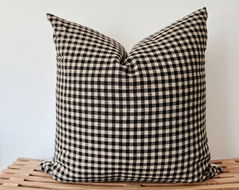 Black & Tan Gingham Linen Pillow Cover