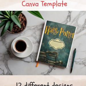May include: A notebook cover Canva template featuring a dark green, magical-themed design with the text Harry Potter and Composition Book. The cover displays a stack of old books and golden sparkles. This digital product includes 12 different designs.