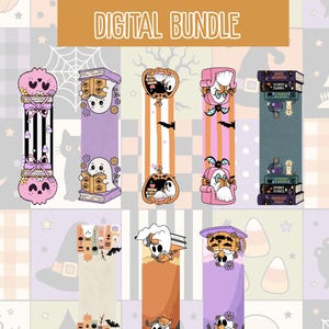 May include: A digital bundle of eight magnetic bookmarks featuring Halloween-themed illustrations of ghosts, pumpkins, books, and candles. The text "MAGNETIC BOOKMARK DIGITAL BUNDLE" is displayed in a large orange box at the top of the image.