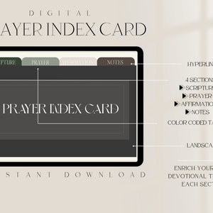 May include: Digital prayer index card displayed on a tablet. The card features sections for Scripture, Prayer, Affirmations, and Notes, with color-coded tabs and hyperlink functionality. The design is in a landscape view.