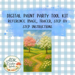 May include: Digital Paint Party Tool Kit with reference image, tracer, and step-by-step instructions. The image shows a landscape painting of a path winding through a field with pink and white flowering trees.