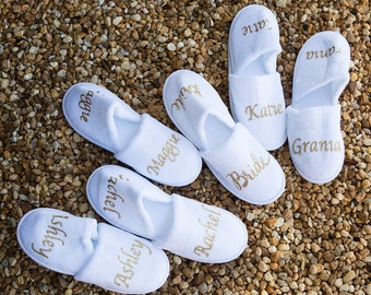 Personalised wedding Slippers, Bridal party gifts, Spa Slippers, Personalized bridal slippers, Bridesmaid Gifts, white slippers