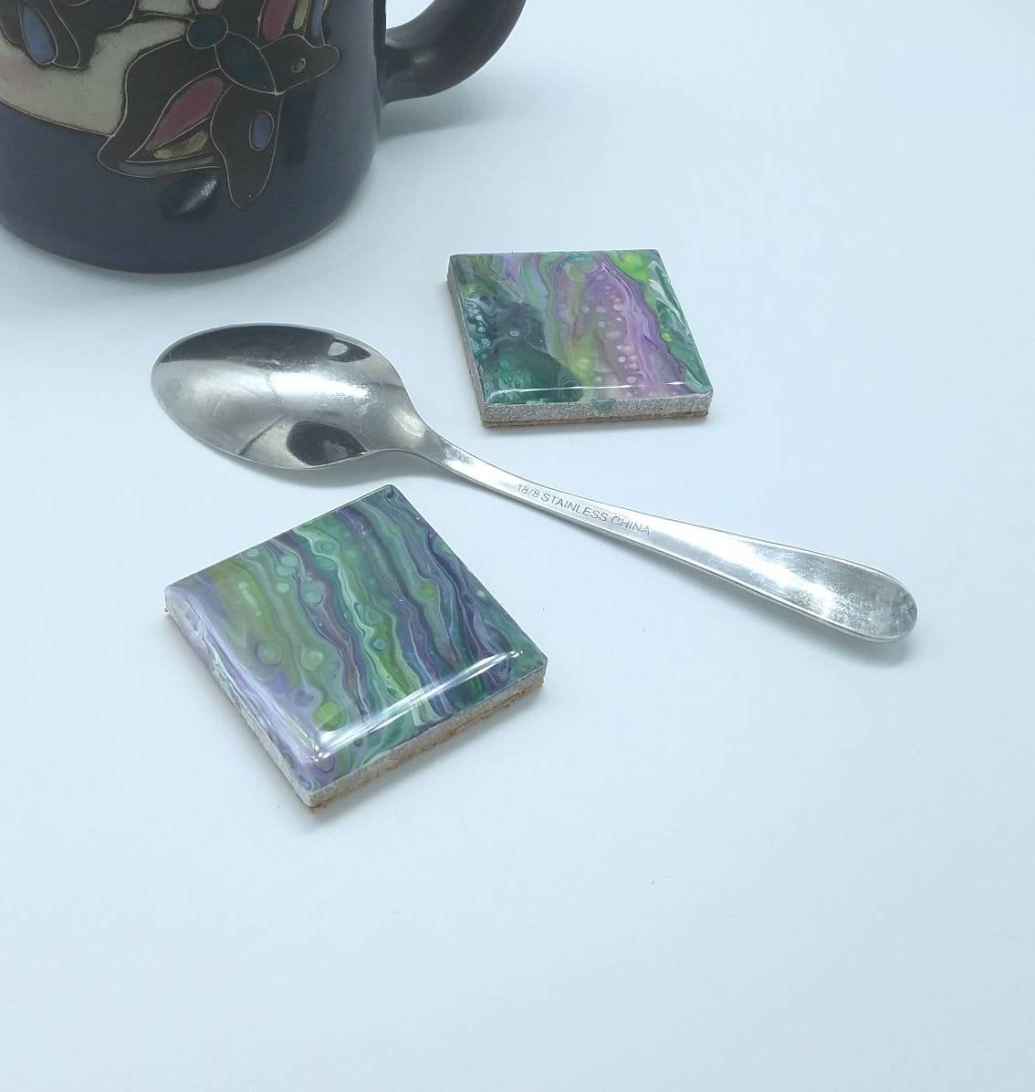 Garden, Small Spoon Rest, Green & Purple, Utensil rests, Teaspoon Rest, Coffee Spoon Rest, Tile Spoon Rest, Coffee Tea Accessory, Fireworks