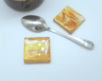 Yellow Gold & Cream, Small Spoon Rest, Utensil rests, Teaspoon Rest, Coffee Spoon Rest, Tile Spoon Rest, Coffee Tea Accessory, Fireworks