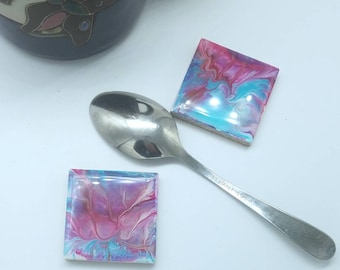 Small Spoon Rest, Pink & Blue, Utensil rests, Teaspoon Rest, Coffee Spoon Rest, Tile Spoon Rest, Coffee Tea Accessory, Fireworks