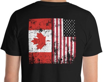 May include: Black t-shirt with a distressed Canadian and American flag design on the back.