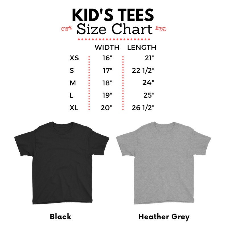 Pu&ograve; includere: Tabella delle taglie per magliette per bambini in nero e grigio melange. La tabella mostra le misure di larghezza e lunghezza in pollici per le taglie XS, S, M, L e XL.