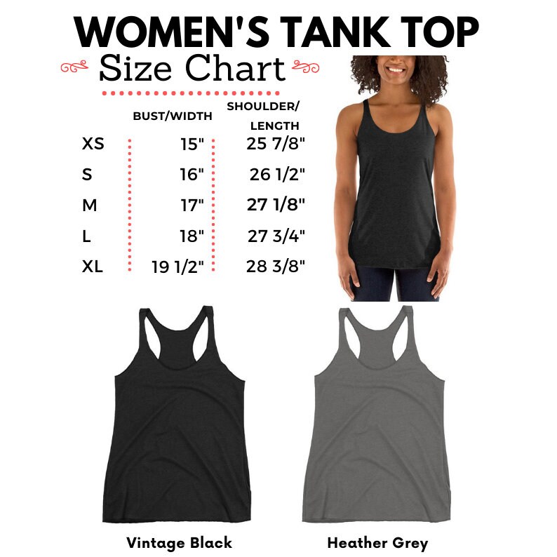 May include: Size chart for a women's tank top in vintage black and heather grey. The chart shows bust and shoulder length measurements in inches for sizes XS, S, M, L, and XL.
