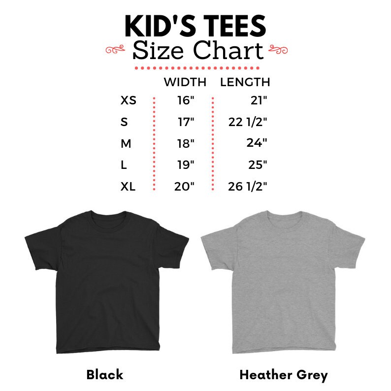 May include: Size chart for kid's tees in black and heather grey. The chart shows the width and length measurements in inches for sizes XS, S, M, L, and XL.