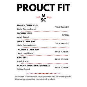 May include: White graphic with the text "PROUCT FIT" in bold black letters. Below, a list of apparel types, including tees, tank tops, and a hooded sweatshirt, with brand names and fit details. The image is on a white background.