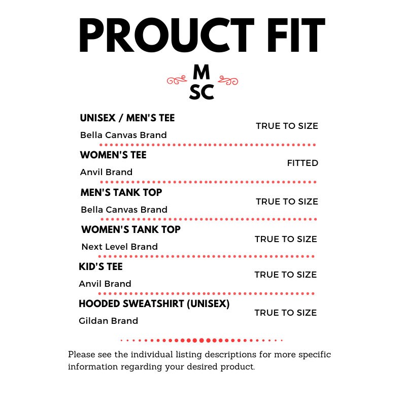 May include: White graphic with the text "PROUCT FIT" in bold black letters. Below, a list of apparel types, including tees, tank tops, and a hooded sweatshirt, with brand names and fit details. The image is on a white background.