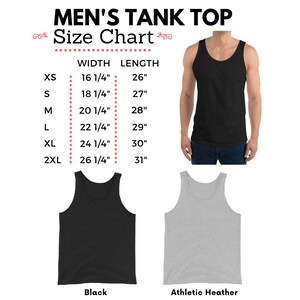 May include: Size chart for a men's tank top in black and athletic heather. The chart shows the width and length measurements in inches for sizes XS, S, M, L, XL, and 2XL.