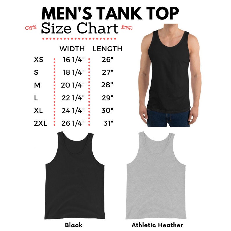 May include: Size chart for a men's tank top in black and athletic heather. The chart shows the width and length measurements in inches for sizes XS, S, M, L, XL, and 2XL.