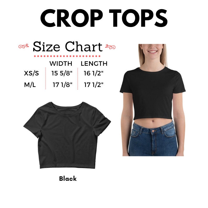 May include: Black crop top with short sleeves. Size chart shows width and length measurements in inches for XS/S and M/L sizes.