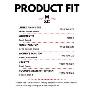 May include: A chart showing the fit of different types of shirts and tank tops from various brands. The chart lists the brands, the type of garment, and whether the fit is true to size or fitted.