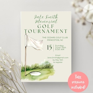 May include: A cream-coloured invitation card for the Jake Smith Memorial Golf Tournament at The Cedars Golf Club in Princeton, NJ. The design features a watercolour illustration of a golf flag and hole, with text detailing the event date, time, and email.