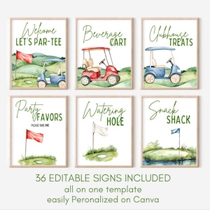 Golf Party Signs Bundle, 36 Golf Theme Party 8x10 Signs, Editable Golf Birthday Decorations, Printable Party Decor, Canva Template