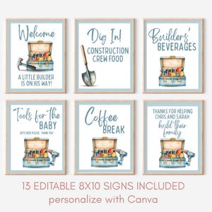 Set di cartelli per baby shower a tema attrezzi, decorazioni per baby shower a tema tuttofare, cartelli per piccoli costruttori, decorazioni per baby shower a tema costruzioni, cartelli modificabili su Canva