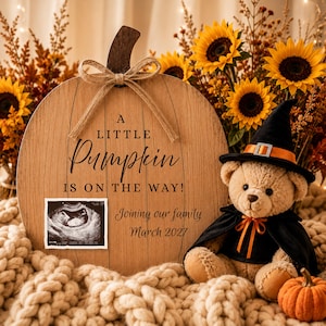 Redigerbart graviditetsmeddelande för liten pumpa till Halloween, avslöjande av häxbarn, mall för höstultraljud, utskrivbar digital nedladdning av Canvas