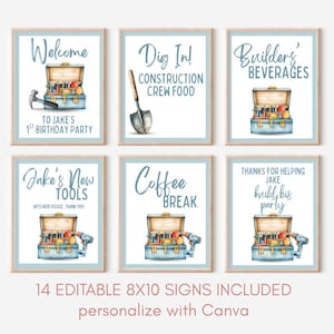 May include: Six framed prints with watercolour illustrations and text. The prints feature toolboxes, tools, and phrases like "Welcome," "Dig In!," and "Builders' Beverages." The signs are designed for a construction-themed birthday party.