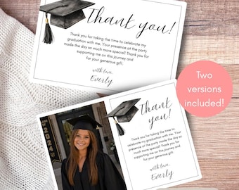 Modello per biglietto di ringraziamento per la laurea, biglietto di laurea con foto, design modificabile su Canva (2 versioni)
