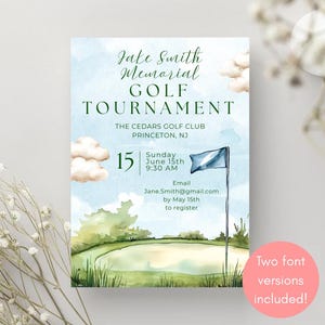 May include: A rectangular invitation card for the Jake Smith Memorial Golf Tournament at The Cedars Golf Club in Princeton, NJ. The design features a watercolor golf course, a blue flag, and clouds with text detailing the event date and time.