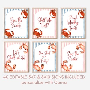 May include: Six rectangular signs featuring watercolor crab illustrations and red text. The signs include phrases like Seas the Sweets, Shell We Toast, Pinch Worthy Treats, Let's Shell-ebrate, One Shell of a Party, and Seas the Sweets on striped backgrounds.