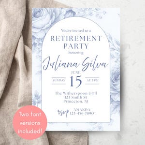 Mall för inbjudan till pensioneringsfest, dammblå blommig pensionsinbjudan, redigerbart utskrivbart kort, periwinkle rose båge elegant kvinna som går i pension