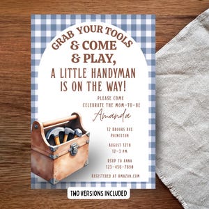 Tool Themed Handyman Baby Shower Invitation, Editable Rustic Blue Gingham Boy Invite Template, Watercolor Toolbox Printable Digital Download