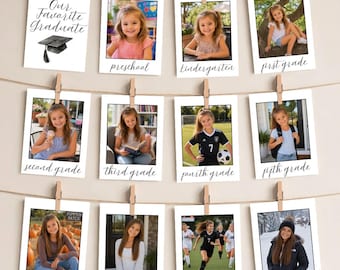 Mall för minimalistisk fotobanner för examen, redigerbar banner för skolår, dekoration för sista året, utskrivbar fotogirlang, dekoration för examensfest
