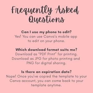 以下が含まれることがあります： ピンク色の背景に、筆記体で「Frequently Asked Questions」と書かれています。テキストは、携帯電話での編集、ダウンロード形式、テンプレートの有効期限に関する質問に答えています。