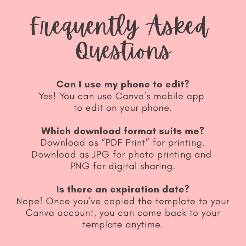 以下が含まれることがあります： ピンク色の背景に、筆記体で「Frequently Asked Questions」と書かれています。テキストは、携帯電話での編集、ダウンロード形式、テンプレートの有効期限に関する質問に答えています。