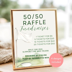 Golftoernooi 50 50 loterijbord, bewerkbaar Split the Pot fundraiser afdrukbare, aquarel cursusthema Canva-sjabloon, digitale download