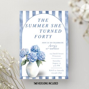 May include: A rectangular birthday invitation card featuring a blue and white vertical striped background with a central arched frame. The text reads THE SUMMER SHE TURNED FORTY, JOIN US TO CELEBRATE Avery's 40TH BIRTHDAY, 123 Smith Street, Princeton, Saturday, August 15, 3:00 PM, RSVP to Amanda 123-456-7890. A white vase with blue hydrangea flowers sits at the bottom.